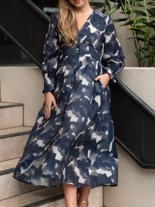 Big Brush Print Button Dress- Navy