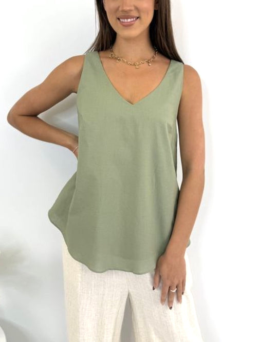 Clara Linen Singlet-Green