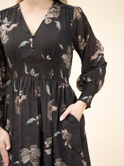 Scratch Floral Kivari Neck Midi Dress- Chocolate