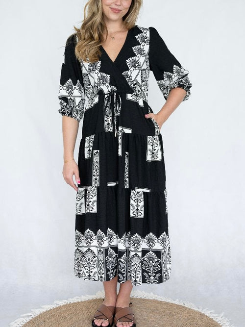 Border Print Mock Wrap Dress- Black