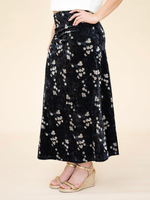 Velvet Floral Bias Skirt- Navy