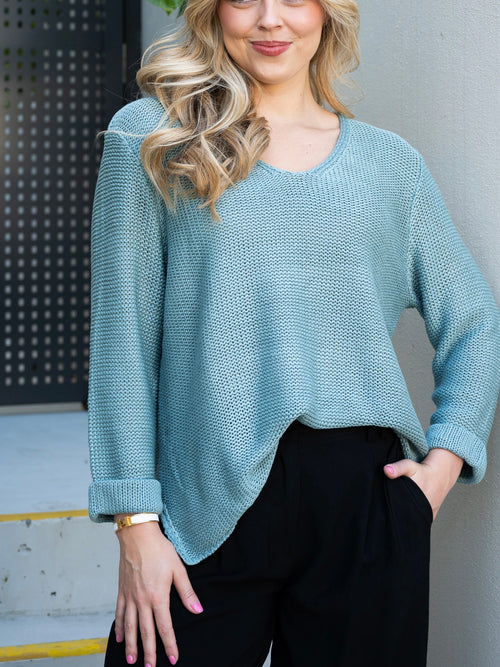 Roll up Sleeve Knit- Dusty Blue