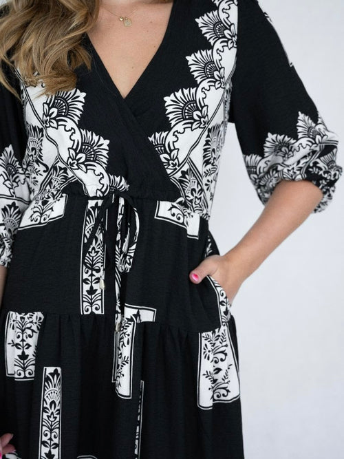 Border Print Mock Wrap Dress- Black