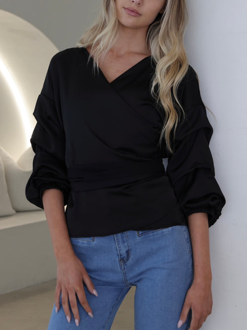Satin Wrap Shirt- Black