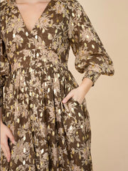 Khaki Floral Gold Fleck Midi Dress