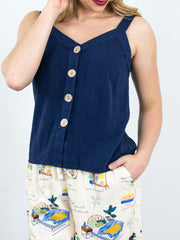 Big Button Linen Singlet- Navy