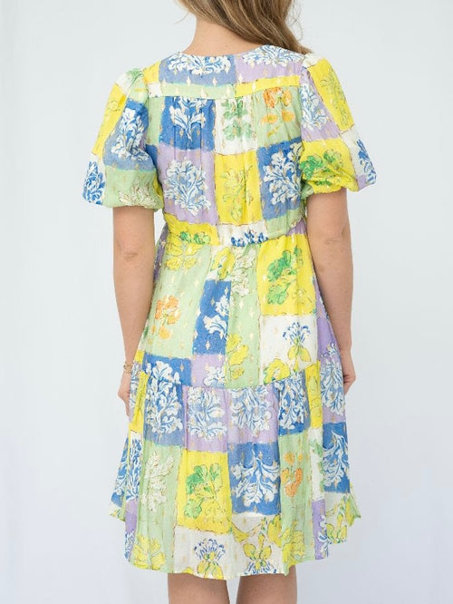 Selma Patchwork Short Dress- Cornflower