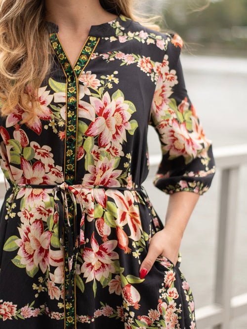 Flower Scarf Border Dress- Black
