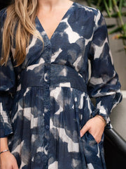 Big Brush Print Button Dress- Navy