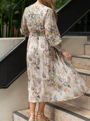 Flower Bouquet Print Button Dress- Beige