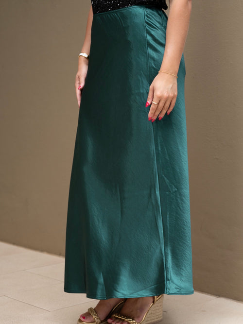Satin Bias Cut Midi Skirt- Green