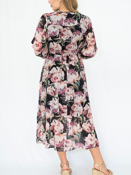 Blush Floral Print Button Dress- Black
