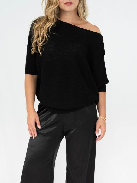 Boat Neck Textured Knit- Black