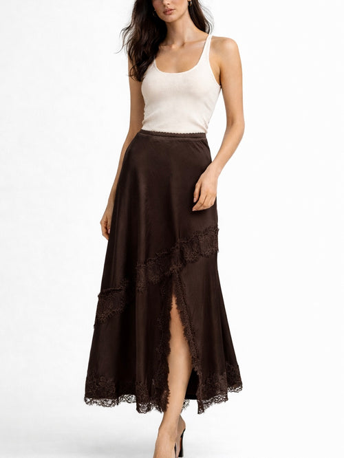 Satin Lace Split Skirt - Chocolate