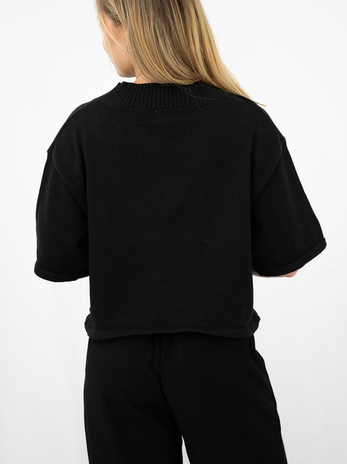 Open Knit Button Top- Black