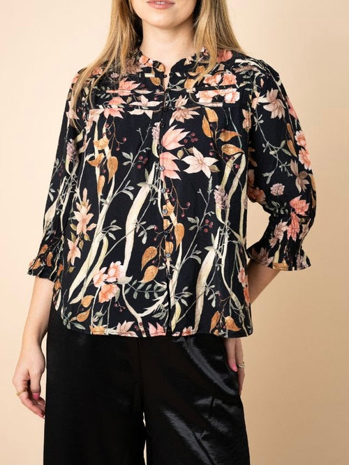 Gather Detail Blouse- Black Floral