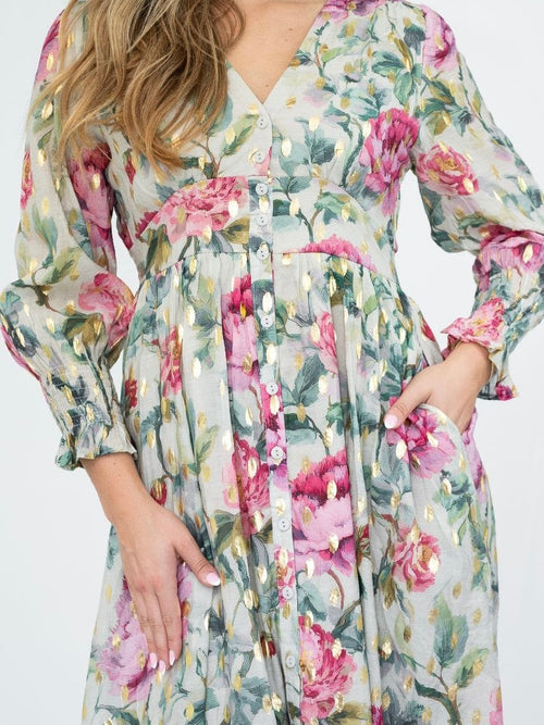 Foil Flower Button Midi Dress