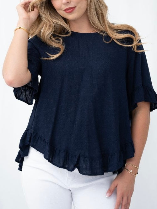 Cara Linen Top- Navy
