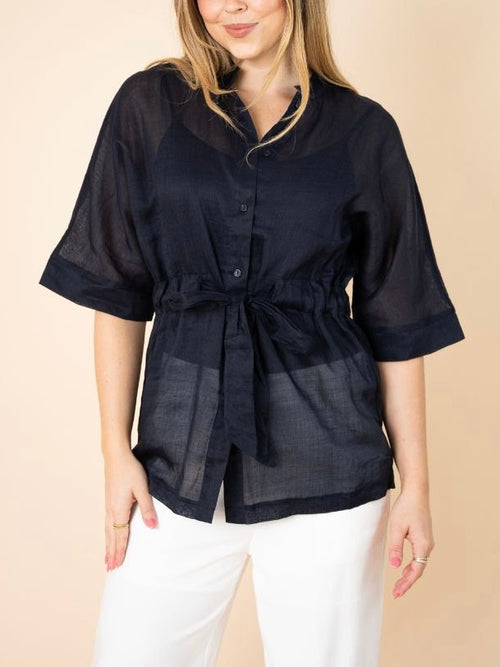 Linen Tie Waist Shirt- Navy