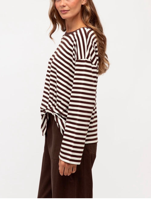 Stripe L/S Tuck Top- Choc/White