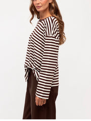 Stripe L/S Tuck Top- Choc/White