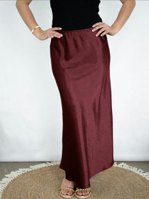 Satin Bias Cut Midi Skirt- Wine