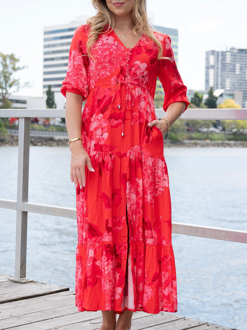 Selma Hydrangea Dress- Red