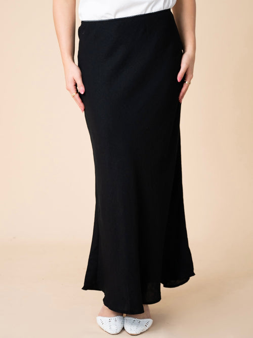 Linen Bias Cut Midi Skirt- Black