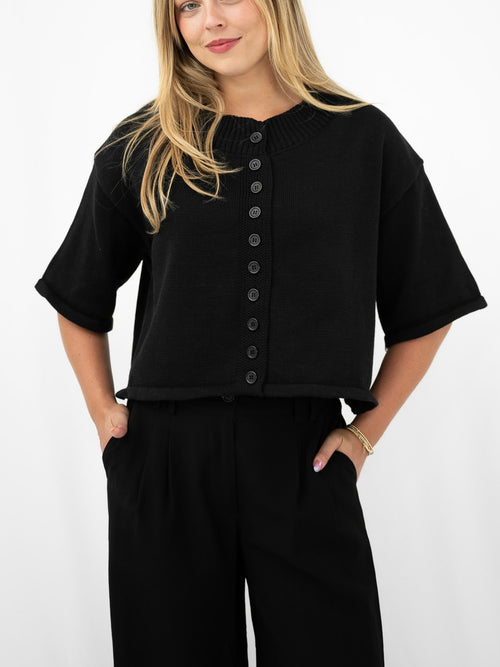 Open Knit Button Top- Black
