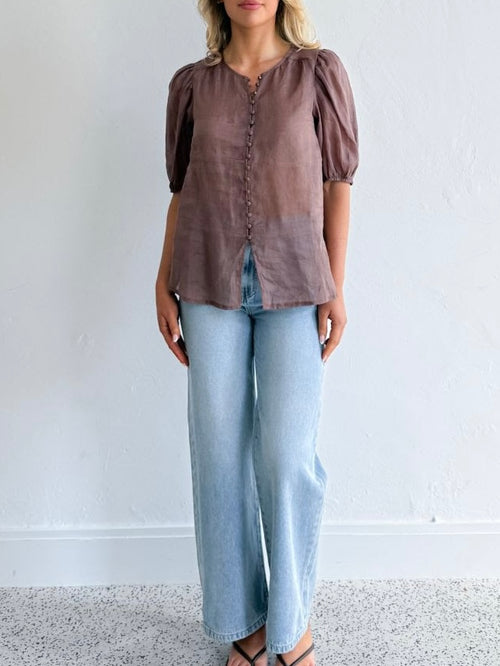 Ramie Button Detail Top- Chocolate