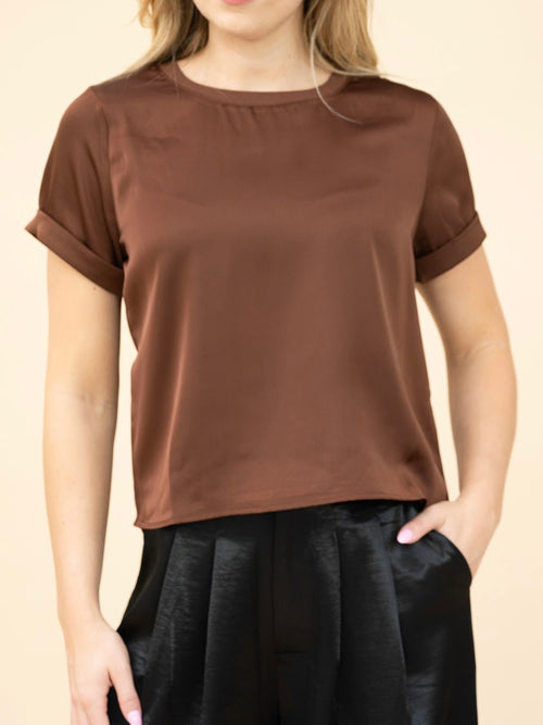 Satin Short Slv Top- Chocolate