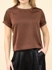 Satin Short Slv Top- Chocolate