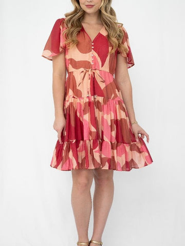 Selma Patchwork Short Dress- Pink