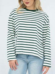 Cotton Stripe L/S Tee- White/Green