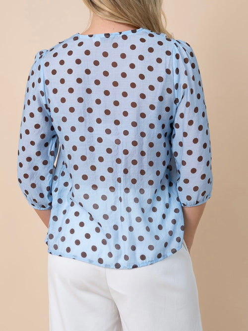Polka Dot Ruffle Blouse- Blue/Choc
