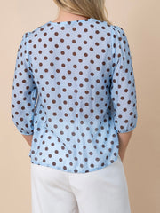 Polka Dot Ruffle Blouse- Blue/Choc