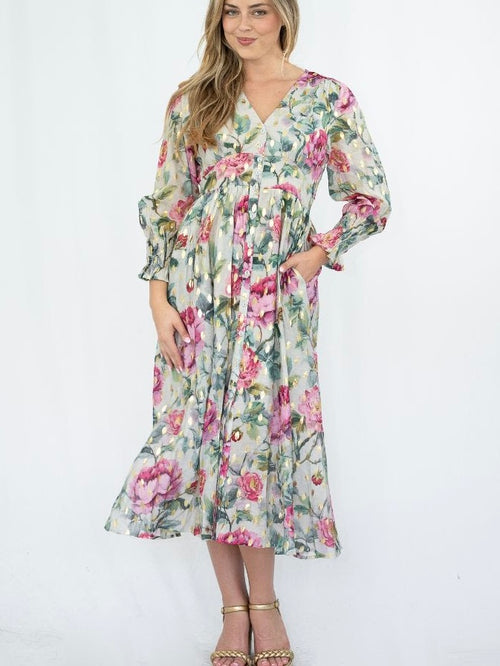 Foil Flower Button Midi Dress