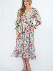 Foil Flower Button Midi Dress