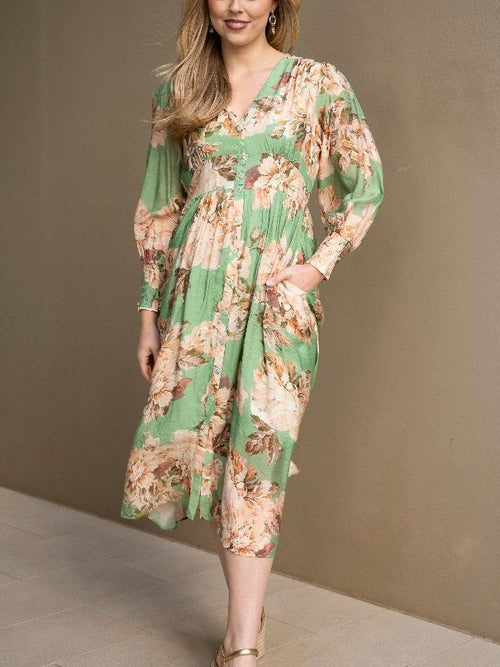 Peony Button Dress- Green