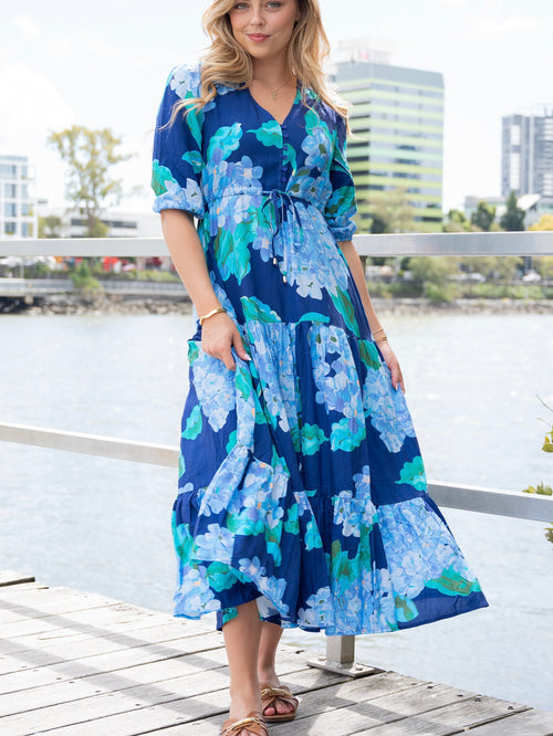 Selma Hydrangea Dress- Navy