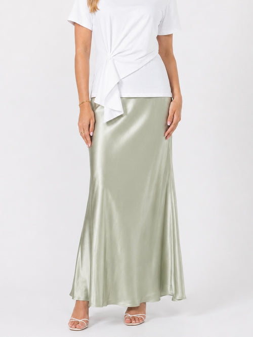 Satin Bias Cut Midi Skirt- Sage