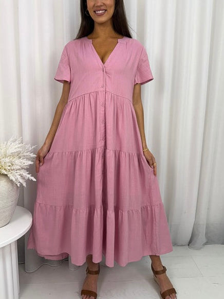 Fleur Linen Dress- Pink