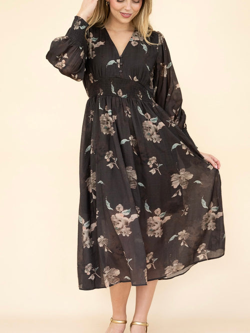 Scratch Floral Kivari Neck Midi Dress- Chocolate