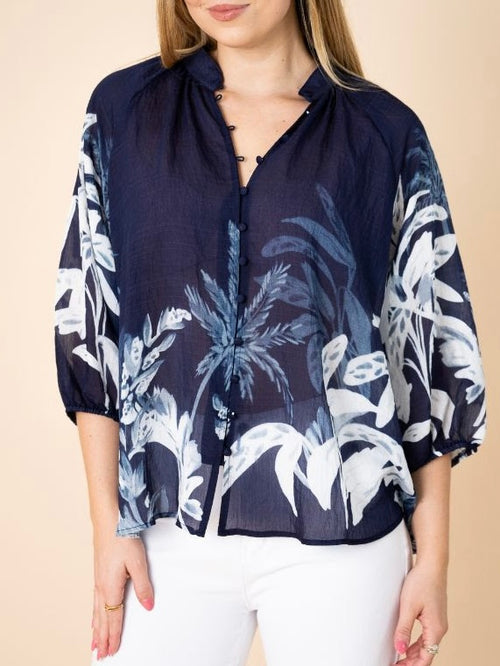 Border Floral Blouse- Navy