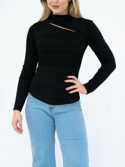 Jersey Slit Detail Mock L/S Top - Black