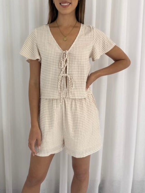 Gingham Tie Top- Beige