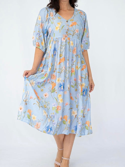 Floral Peasant Dress- Blue