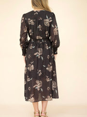Scratch Floral Kivari Neck Midi Dress- Chocolate