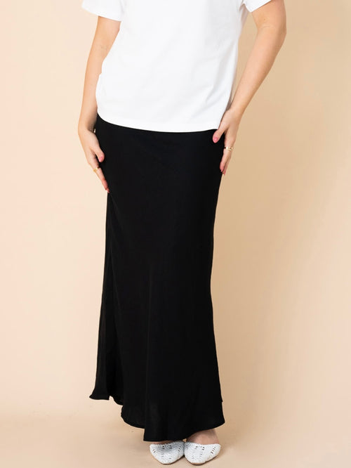 Linen Bias Cut Midi Skirt- Black
