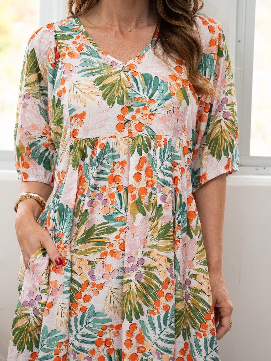 Floral Peasant Dress- Orange/Green Evolution On Gladstone Floral Peasant Dress- Orange/Green Evolution On Gladstone